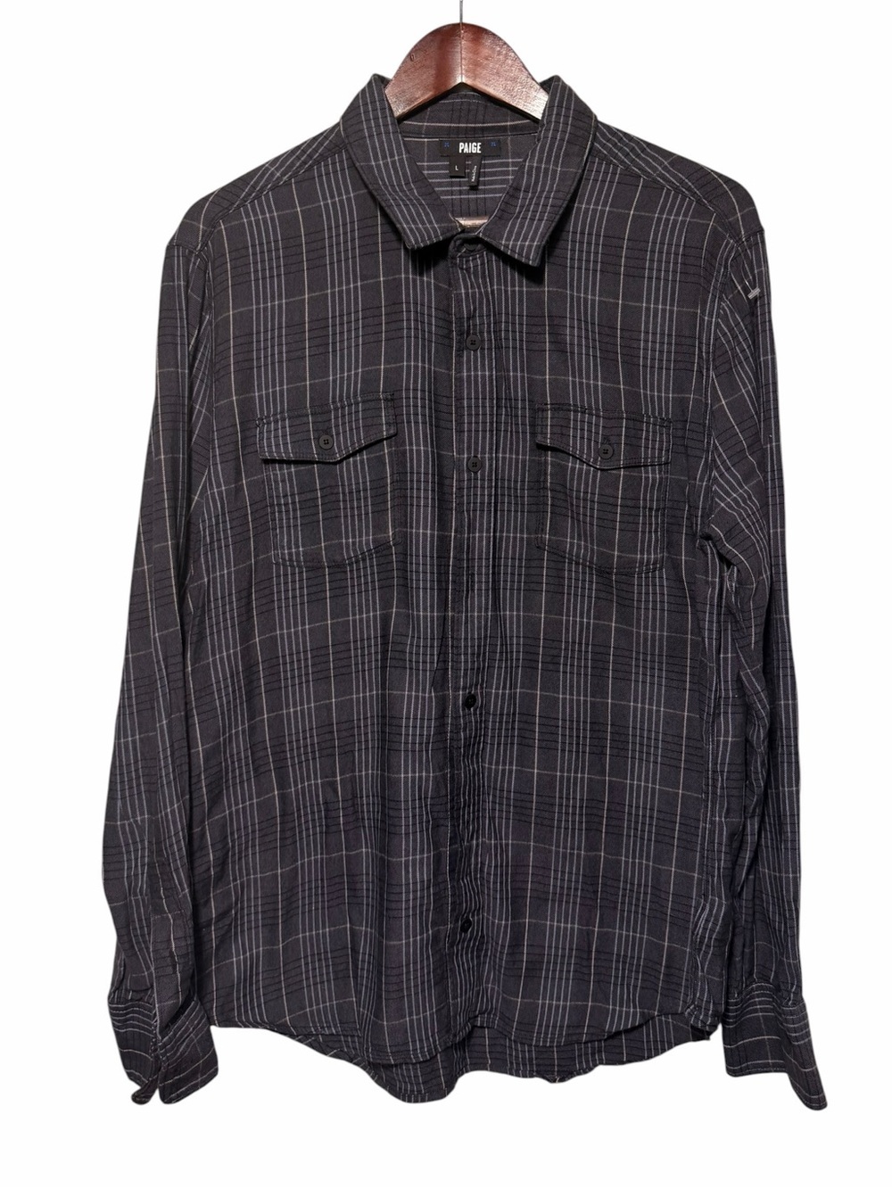 Paige Mens Everett Plaid Long Sleeve Button Up Shirt large Black Regular fit